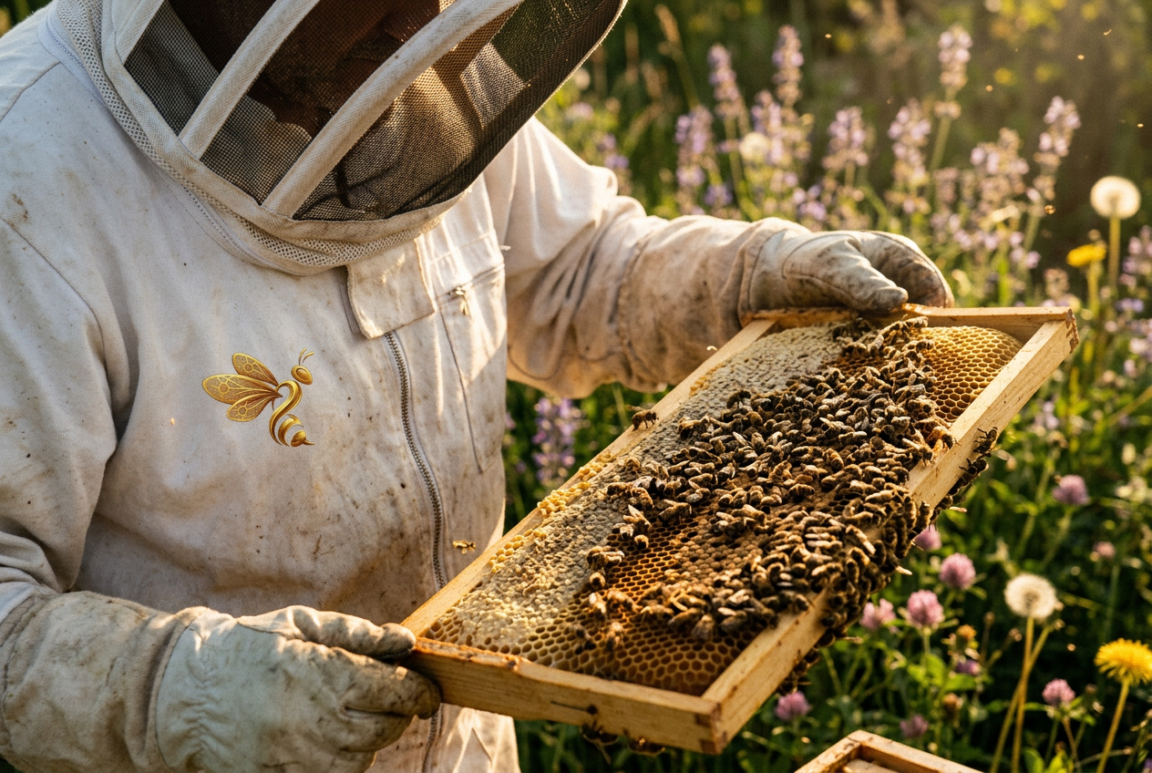 Beekeeper holding a frame of honeybees in a wildflower meadow